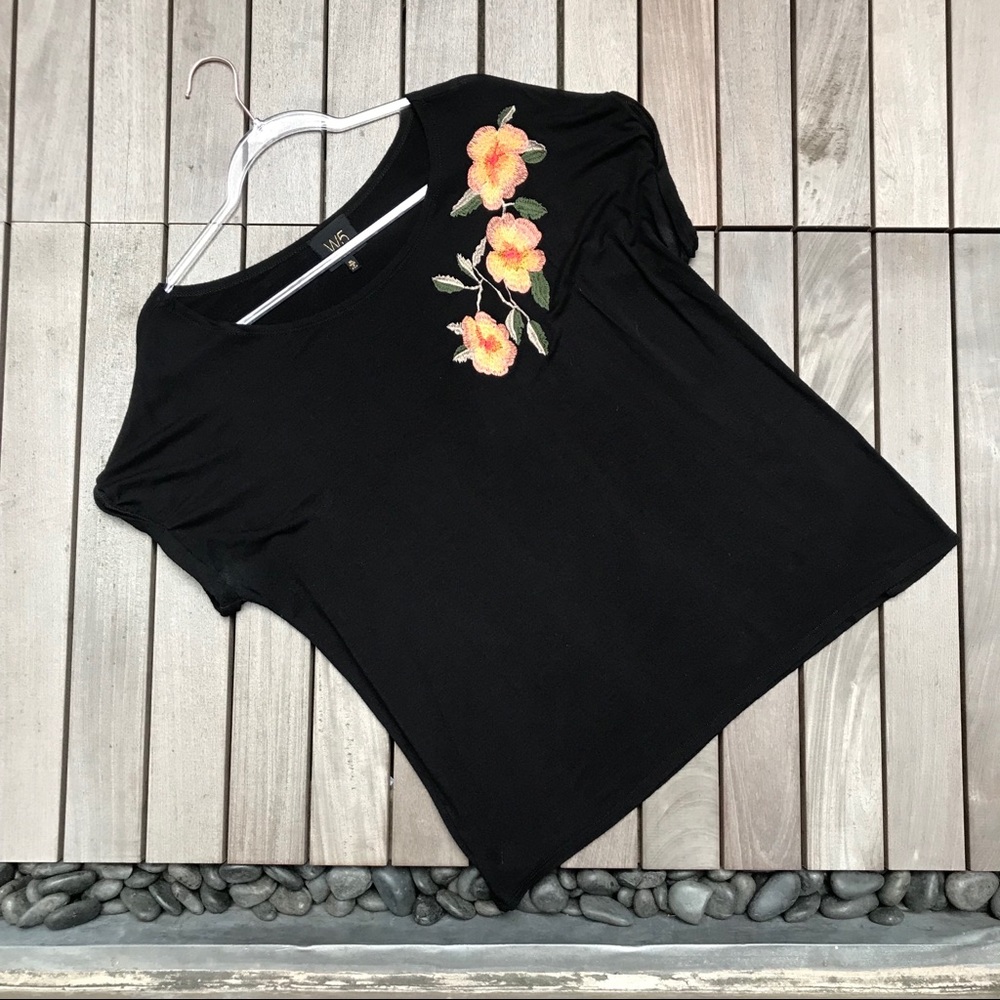 W5 Black and Orange Floral Print Short Sleeve Top